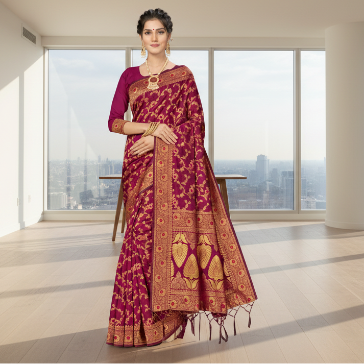 Woman wearing a maroon benarasi silk saree with gold patterns on a white background