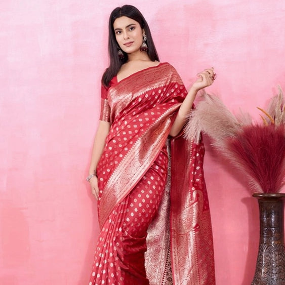 T-Touch Women’s Banarasi Silk Printed Saree with Blouse Piece (Red)