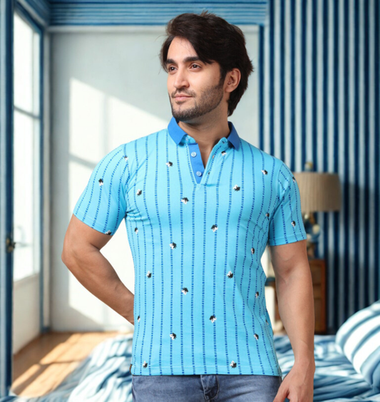 Berry Blues Men's Premium Striped Pure Cotton Collar Neck Polo T-Shirt