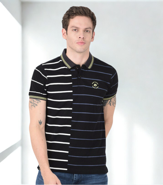 Berry Blues Men's Premium Striped Pure Cotton Polo Collar Neck Black T-Shirt