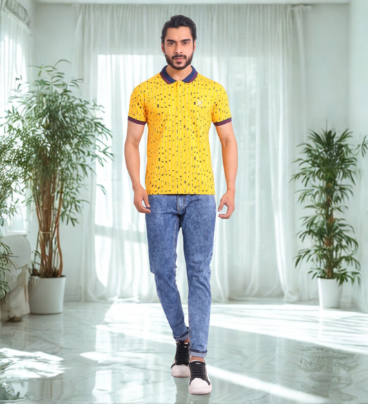 Berry Blues Men's Premium Printed Pure Cotton Yellow Polo Collar Neck T-Shirt