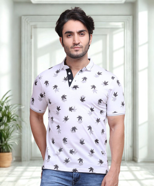 Berry Blues Men's Premium Printed Pure Cotton Polo Collar White T-Shirt