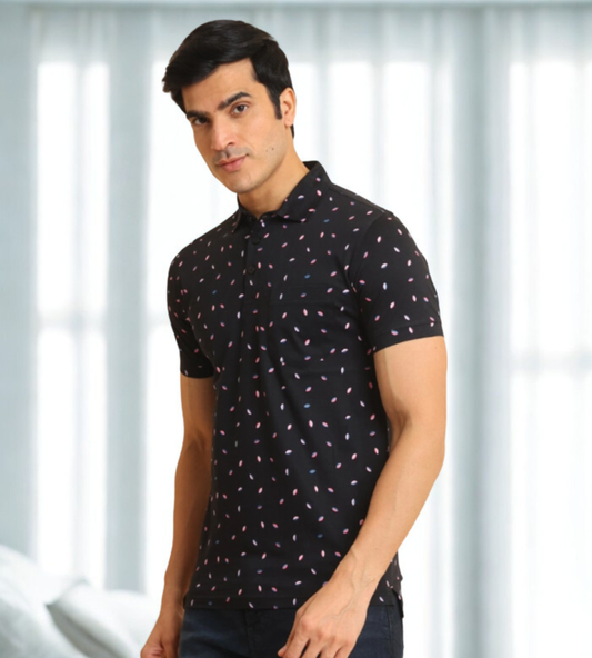 Berry Blues Men's Premium Dotted Pure Cotton Collar Neck Black Polo T-Shirt