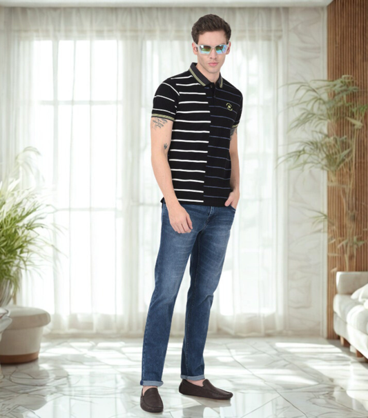 Berry Blues Men's Premium Striped Pure Cotton Polo Collar Neck Black T-Shirt