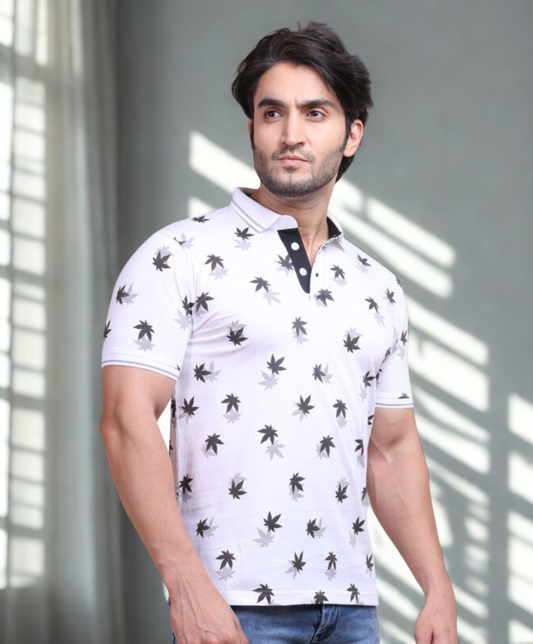 Berry Blues Men's Premium Printed Pure Cotton Polo Collar White T-Shirt