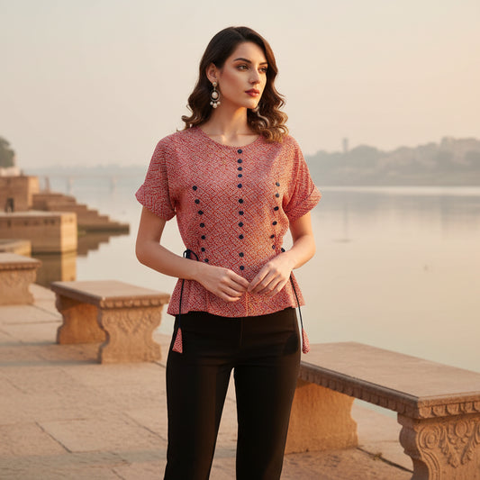 T-Touch Women’s Geometric Print Rayon Short Sleeve Round Neck Top