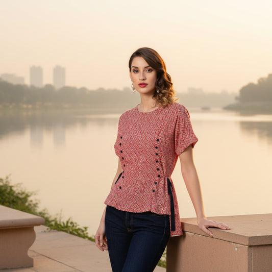 T-Touch Women’s Geometric Print Rayon Short Sleeve Round Neck Top