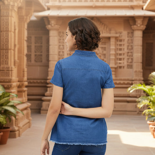 T-Touch Women’s Blue Denim Short Sleeve Peplum Top