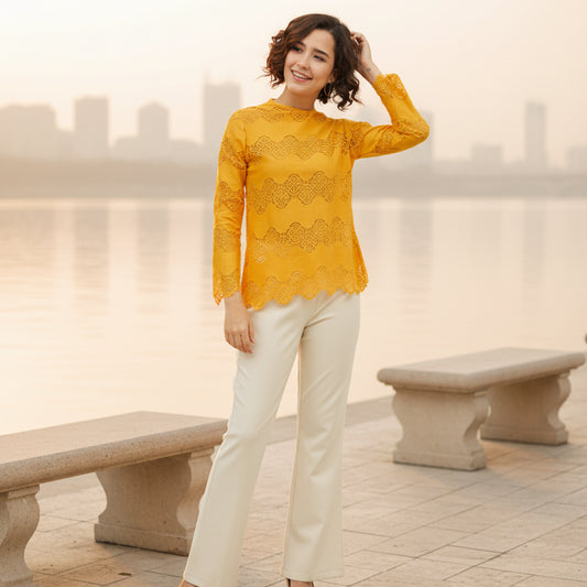 T-Touch Women’s Yellow Long Sleeve Cotton Top with Lace Inserts