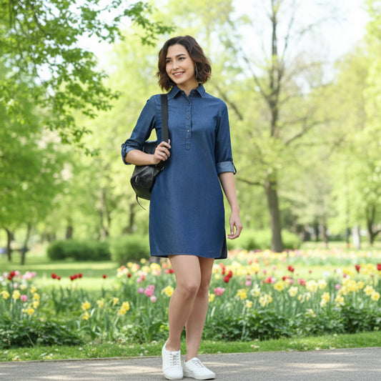 T-Touch Women's Premium Denim Blue Long Sleeves Above Knee Dress