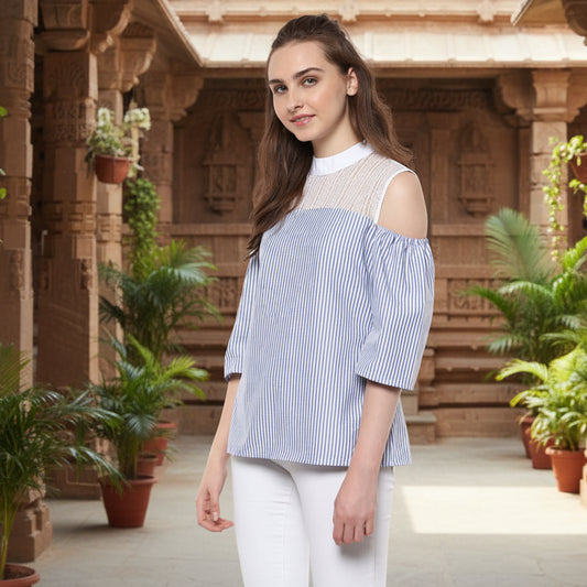 T-Touch Women’s Cotton Striped Cold Shoulder Top with Mock Neck