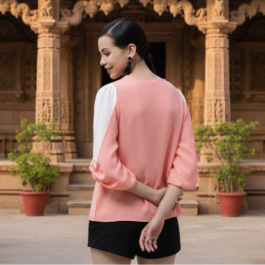 T-Touch Women's Color Block Slit Sleeve Top (Pink)