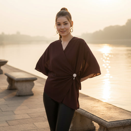 T-Touch Women's Solid V-Neck Cape Sleeve Top