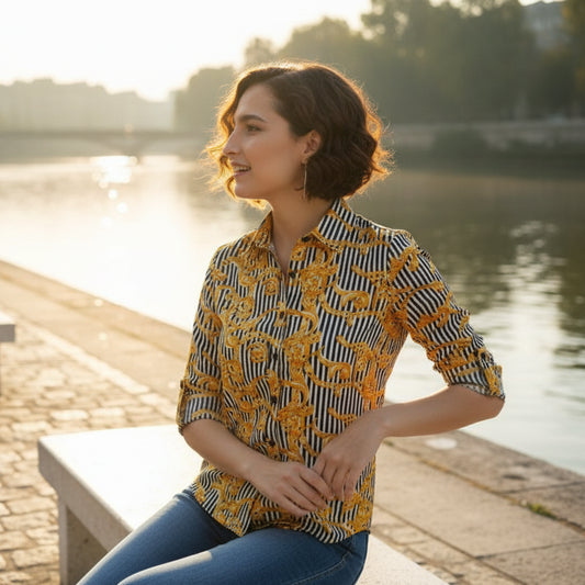 T-Touch Women's Printed Roll Up Sleeve Shirt (Mustard)