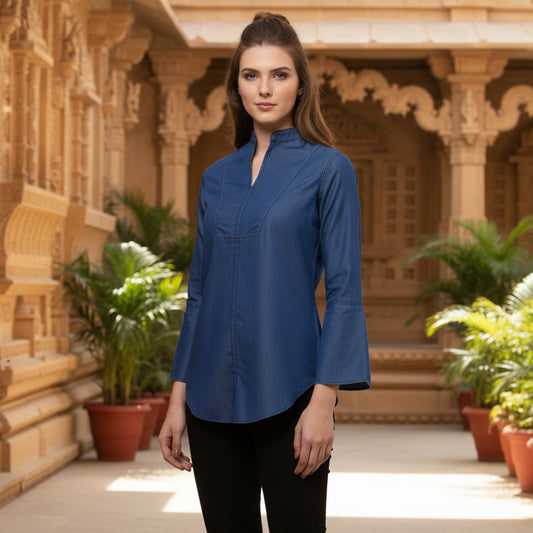 T-Touch Women’s Blue Denim Solid Bell Sleeve Collar Neck Top