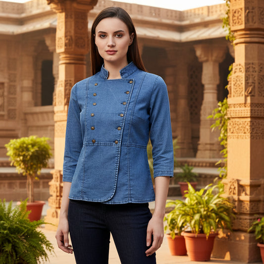 T-Touch Women’s Denim Blue Solid Long Sleeve Regular Fit Top