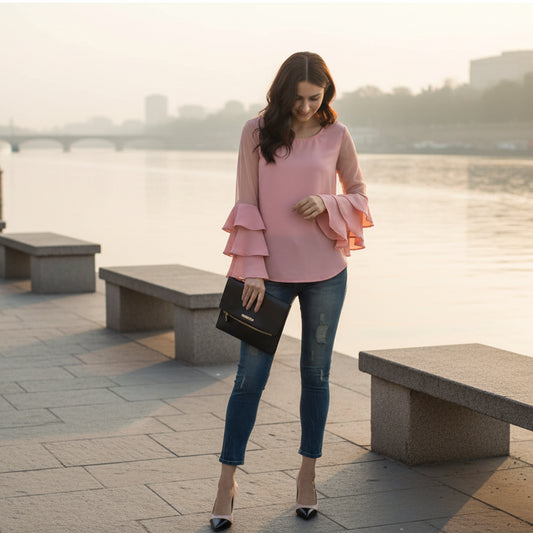 T-Touch Women's Pink Solid Tier Sleeve Top