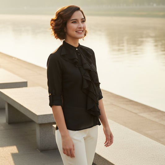 T-Touch Women’s Black Ruffled Top with Long Sleeves & Mandarin Collar