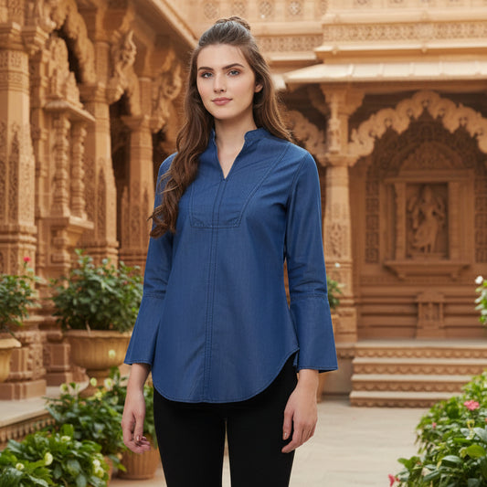 T-Touch Women’s Blue Denim Solid Bell Sleeve Collar Neck Top