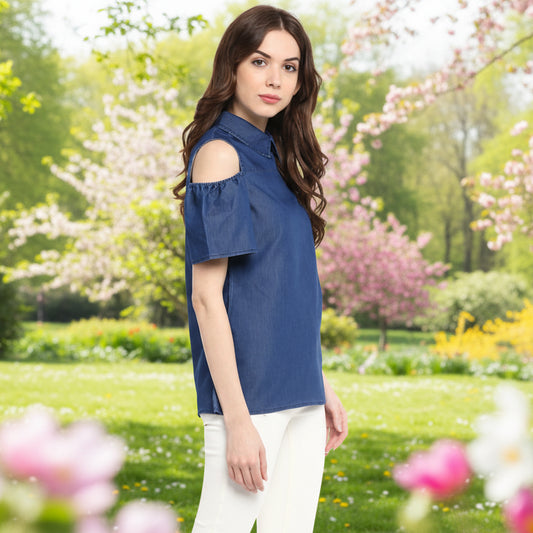 T-Touch Women's Premium Denim Blue Cold Shoulder Top