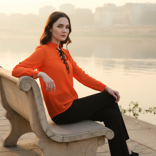 T-Touch Women’s Solid Top with Mandarin Collar & Tie-Up