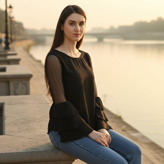 T-Touch Women's Black Solid Tier Sleeve Top