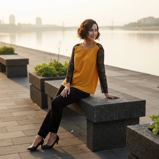 T-Touch Women's Lace Inserts Long Sleeves Top (Yellow)