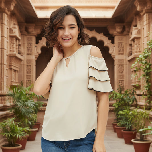 T-Touch Women's Tiered Cold Shoulder Top (Beige)