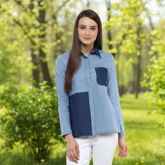 T-Touch Women’s Premium Denim Long Sleeves Top – Blue | Patch Work