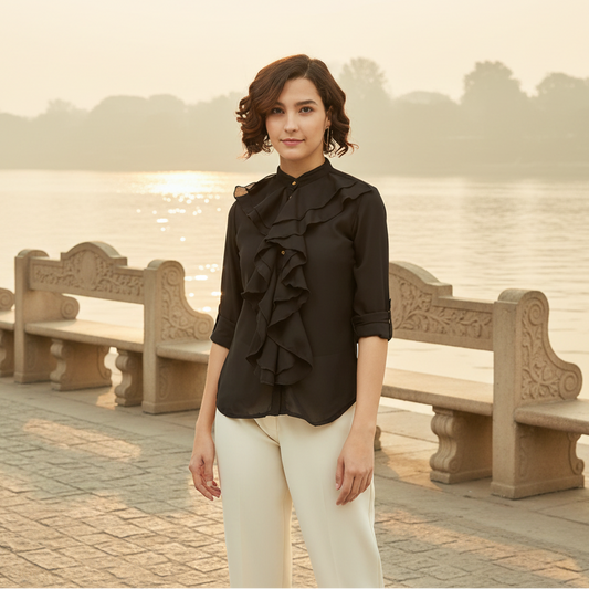 T-Touch Women’s Black Ruffled Top with Long Sleeves & Mandarin Collar