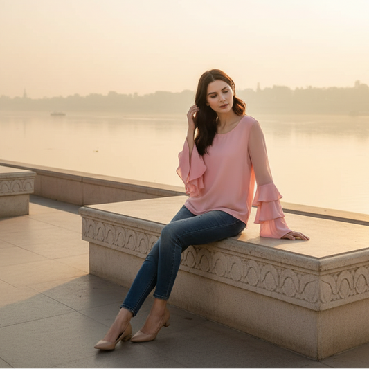 T-Touch Women's Pink Solid Tier Sleeve Top