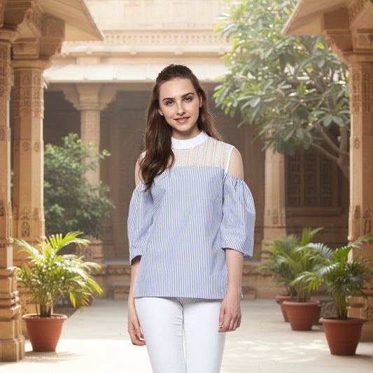 T-Touch Women’s Cotton Striped Cold Shoulder Top with Mock Neck