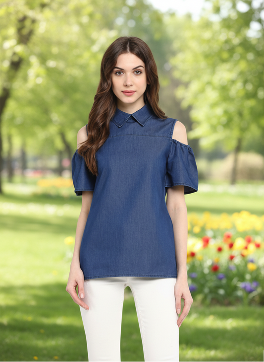 T-Touch Women's Premium Denim Blue Cold Shoulder Top