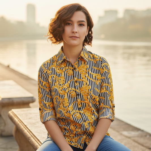 T-Touch Women's Printed Roll Up Sleeve Shirt (Mustard)