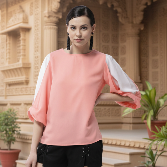 T-Touch Women's Color Block Slit Sleeve Top (Pink)