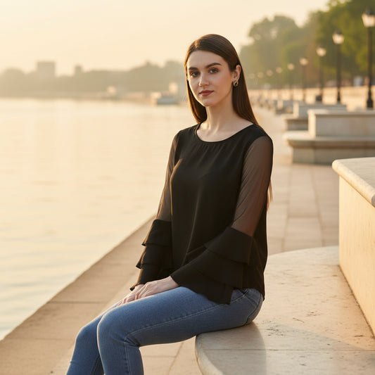 T-Touch Women's Black Solid Tier Sleeve Top