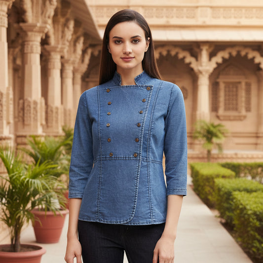 T-Touch Women’s Denim Blue Solid Long Sleeve Regular Fit Top