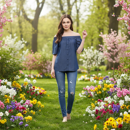 T-Touch Women's Denim Off Shoulder Neck Regular Top