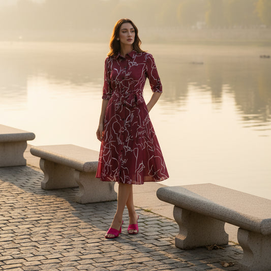 T-Touch Women's Cotton Printed Shirt Collar Long Sleeve Dress (Maroon)