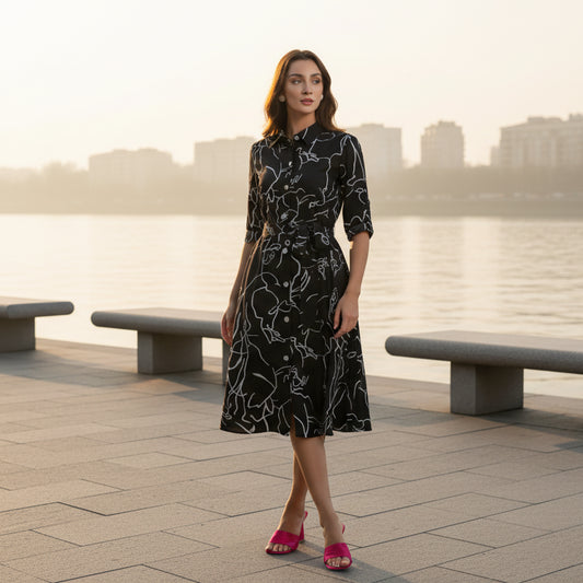 T-Touch Women's Cotton Printed Shirt Collar Long Sleeve Dress (Black)