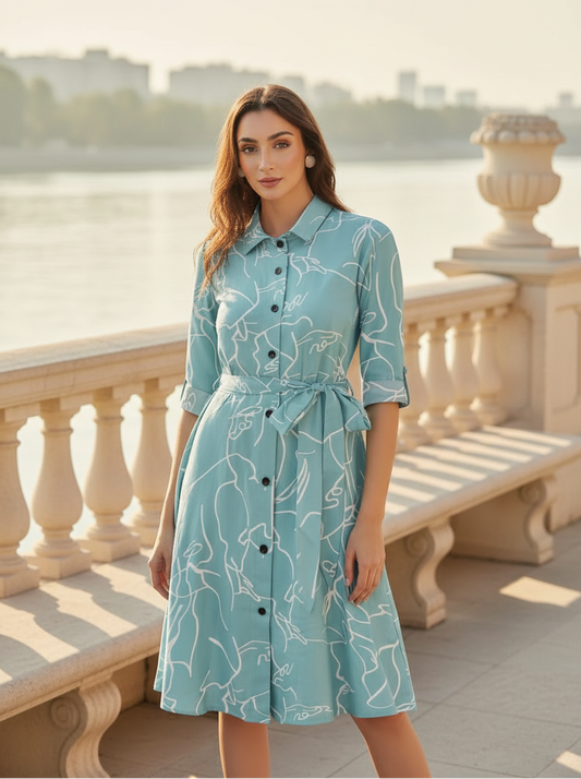 T-Touch Women's Cotton Printed Shirt Collar Long Sleeve Dress (Pista)