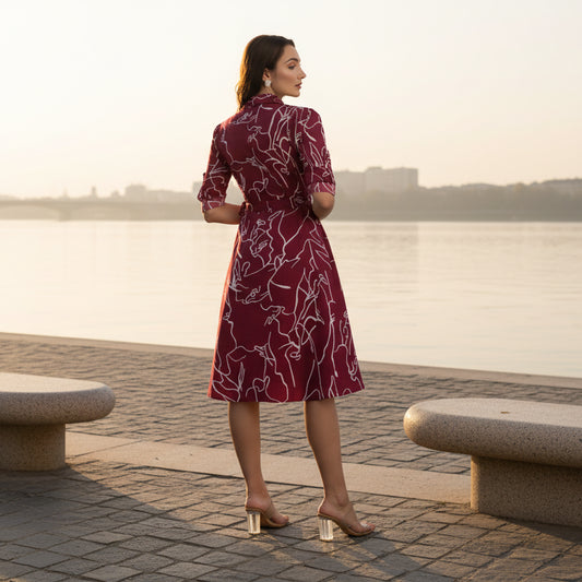 T-Touch Women's Cotton Printed Shirt Collar Long Sleeve Dress (Maroon)