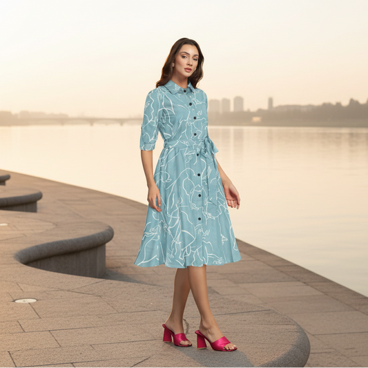 T-Touch Women's Cotton Printed Shirt Collar Long Sleeve Dress (Pista)