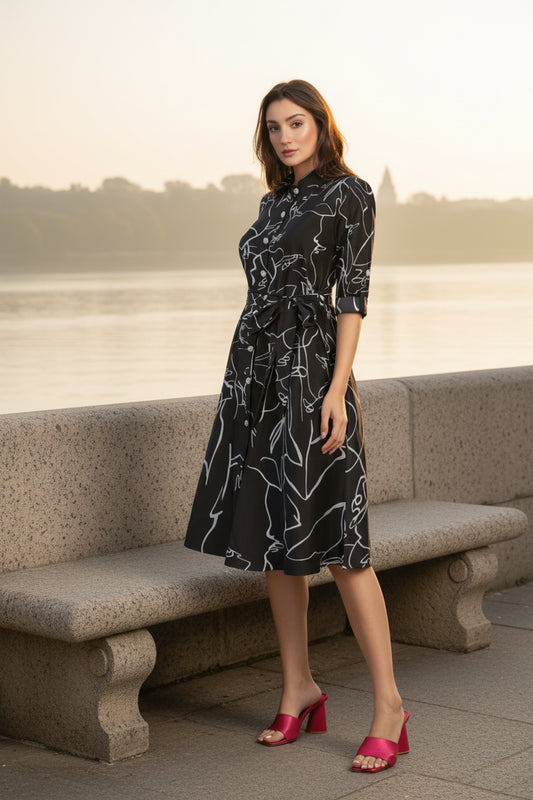 T-Touch Women's Cotton Printed Shirt Collar Long Sleeve Dress (Black)