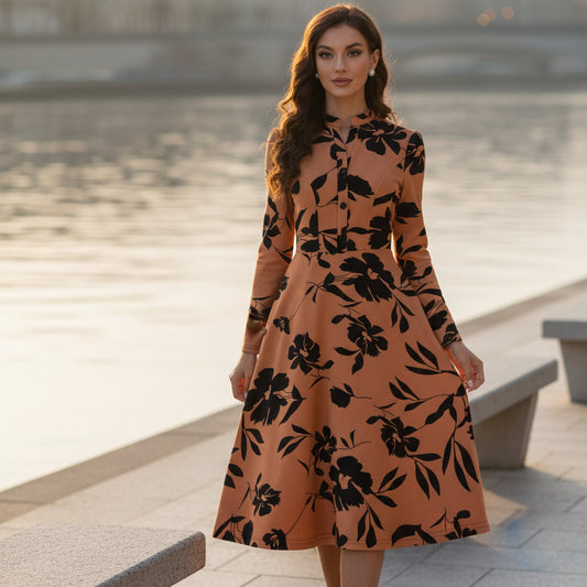 T-Touch Women's Knitting Printed Full Sleeve Dress (Orange)