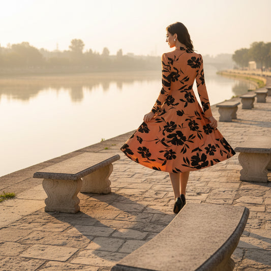 T-Touch Women's Knitting Printed Full Sleeve Dress (Orange)