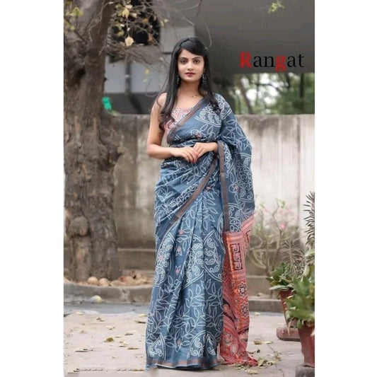 T-Touch Women's Linen Cotton Printed Saree with Blouse Piece (Grey)