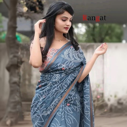 T-Touch Women's Linen Cotton Printed Saree with Blouse Piece (Grey)