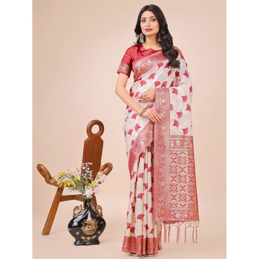 T-Touch Women's Linen Cotton Printed Saree with Blouse Piece (Red)