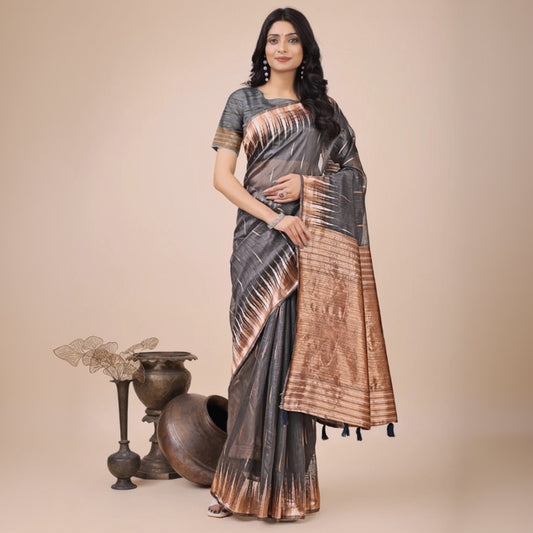 T-Touch Women's Linen Cotton Printed Saree with Blouse Piece (Grey)